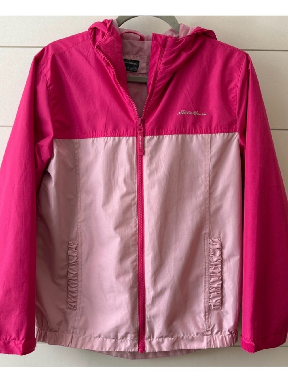 Girls Eddie Bauer Pink Colorblock Hooded Windbreaker Jacket Size 14